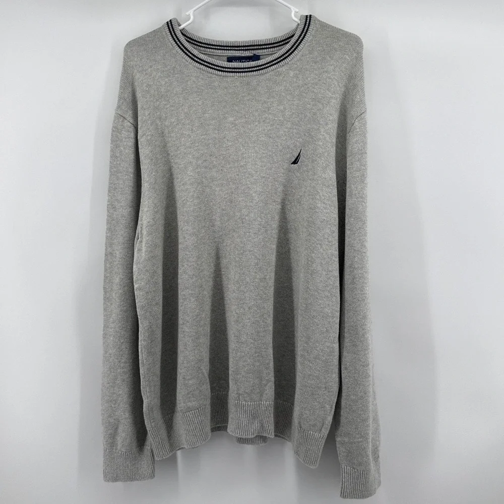Nautica Mens XL Heather Grey Striped Crewneck Knit Sweater NWT S2711D